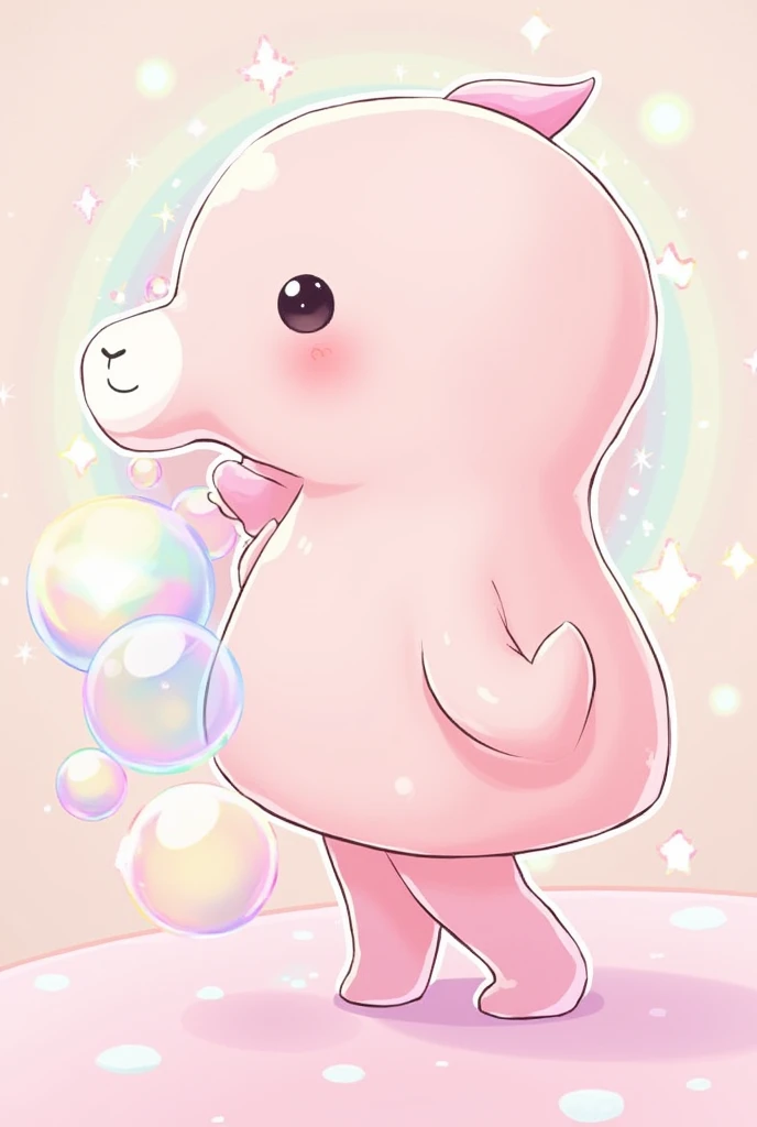 (On the table, best quality), vane,Design drawings,side, Little Curved ,Simple background,Lovely!!,enuresis,Shut up,a smile,small horn,Clear style、girl、whole body、a smile、Shut up,The overall color is light pink、Colorful、Soap Bubbles、bubble、rainbow、Invincibility、Idol、illustration