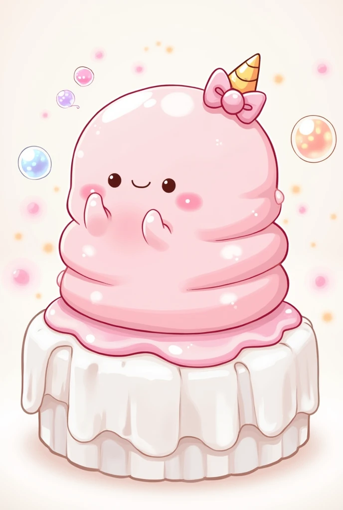 (On the table, best quality), vane,Design drawings,side, Little Curved Loli,Simple background,Lovely!!,enuresis,Shut up,a smile,small horn,Clear style、girl、whole body、a smile、Shut up,The overall color is light pink、Colorful、Soap Bubbles、bubble、rainbow、Invincibility、Idol、illustration