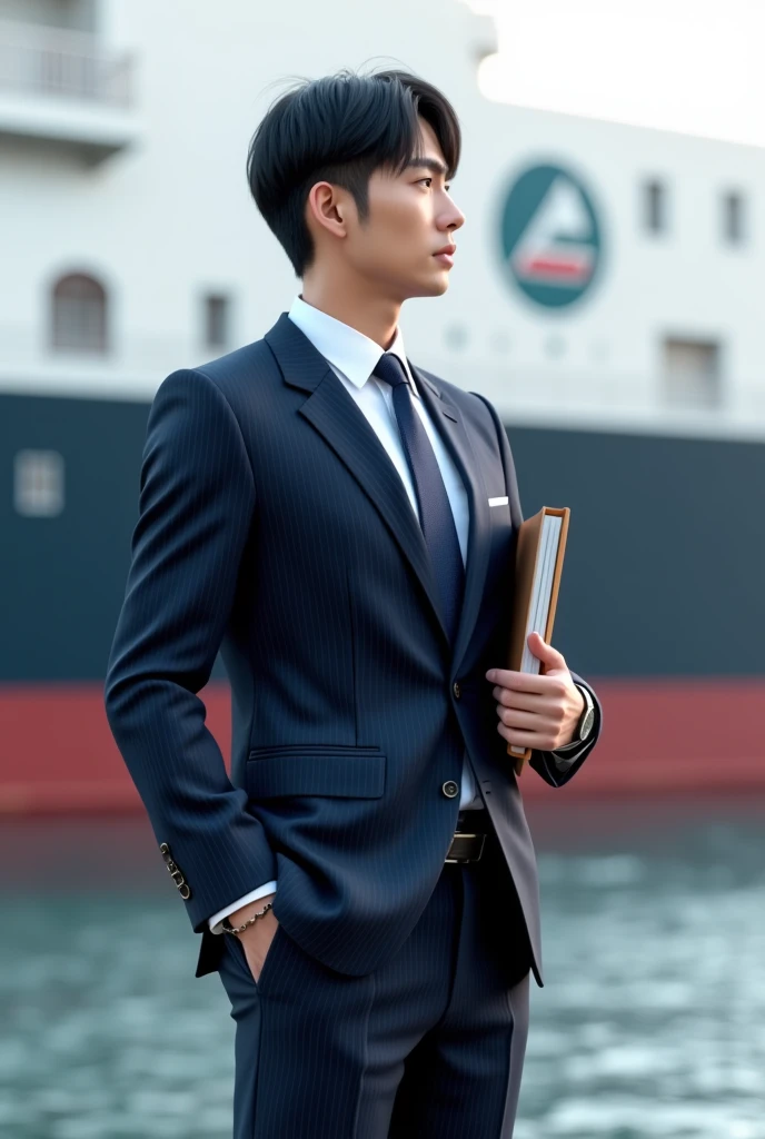 A fresh and handsome 30-year-old new employee, Japanese 30-year-old male, businessman, super high-end suit, striped suit, standing outside, full body, laptop on his right arm, book on his left arm, large vessel background, (CG Unity 8K high-definition photo), (highly detailed S-class handsome man), (photo realistic), ((best quality)), super detailed, (masterpiece), super high quality, high, viewer, gentleman, very beautiful hair, front bang, bright photo, handsome as a model, handsome as an idol, luxury watch, hyper realistic,