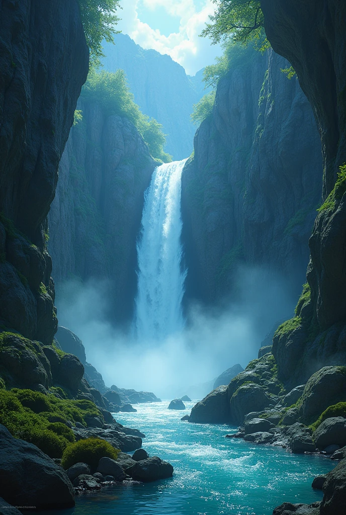 Create an image of the OIASIS from the book ready player one, from a good color perspective, to the game itself, How could they be waterfalls?.