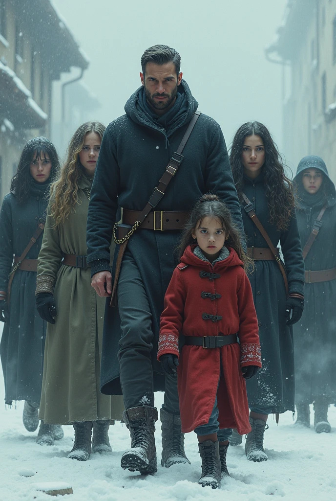 a one man family, of 4 women, a girl and a boy, having shackles the man the 4 women, The girl and the boy walking through the snow with guards pushing them to hurry up and walk faster