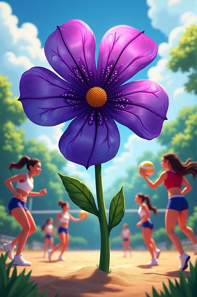 Violet flower logo, girls playing volleyball 