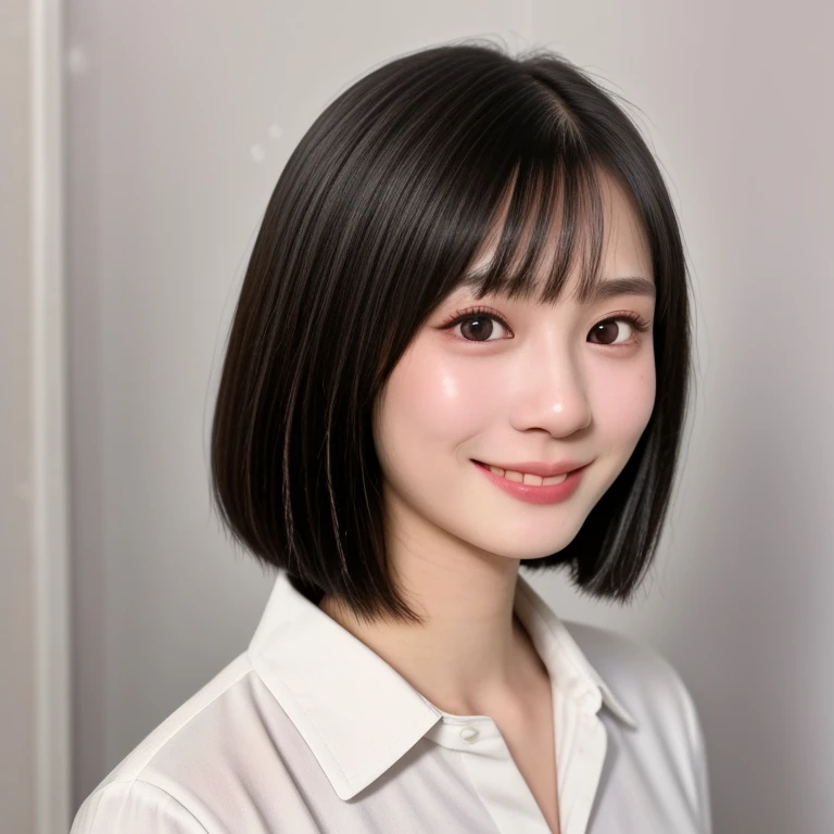 NSFW, (kawaii 18 year-old Japanese girl, Nogizaka idol, Korean idol), healthy female athlete body, (glossy black hair, short hair, pixie cut, bangs:1.3), (rounded face, pure black eyes, single eyelid, no makeup, splashing best smile:1.2), (collared white shirt unbuttoned:1.3), creavage, extra small breasts, BREAK, (plain white background:1.3), (dynamic angle, bust shot:1.2),  BREAK, (masterpiece, best quality, photo realistic, official art:1.4), (UHD, 8K quality wallpaper, high resolution, raw photo, golden ratio:1.3), (shiny skin), professional lighting, physically based rendering, award winning, (highly detailed skin, extremely detailed face and eyes), Carl Zeiss 85 mm F/1.4, depth of field, 1girl, solo,