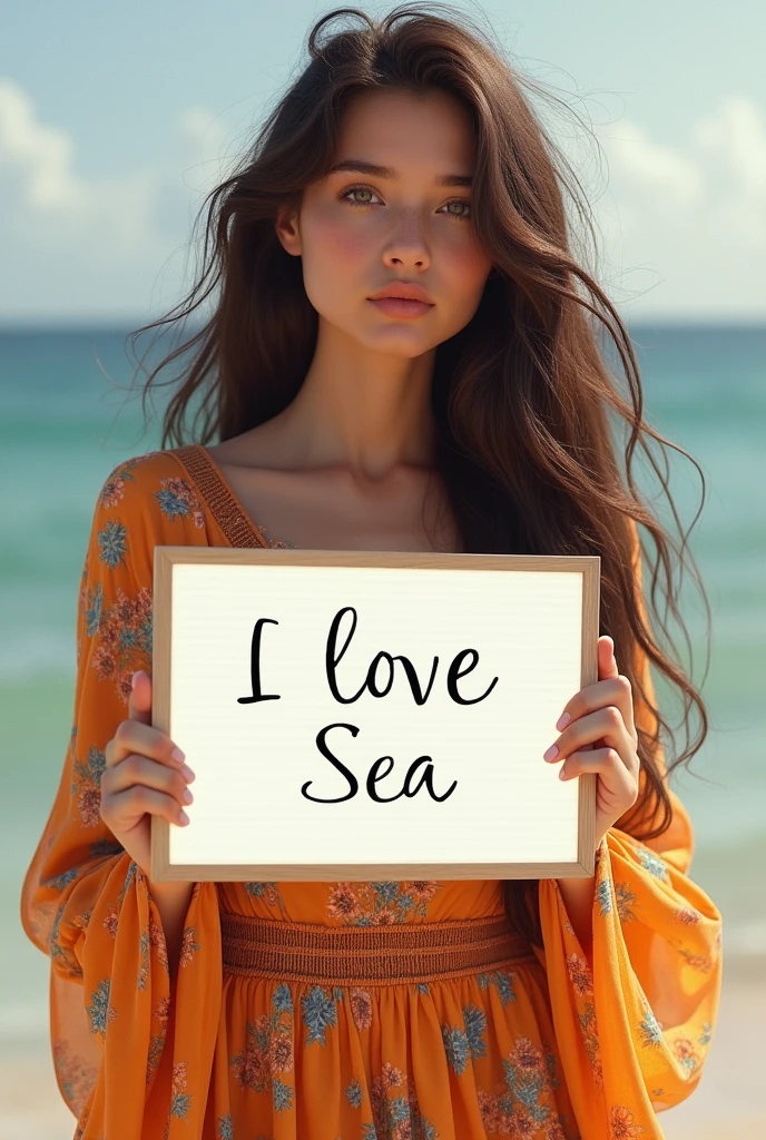 Beautiful girl with wavy long hair, bohemian dress, holding a white board with text "I Love Seaawing it to the viewer criae um homem de barro 