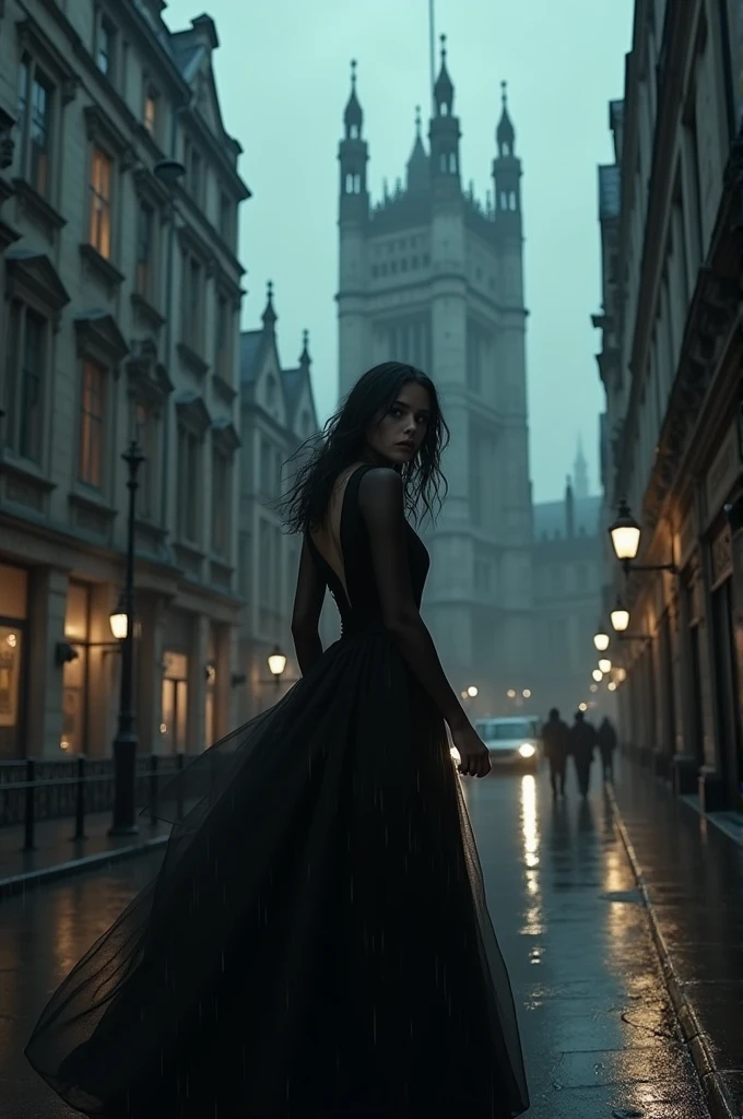Woman in black dress in Gothic London at night in the rain