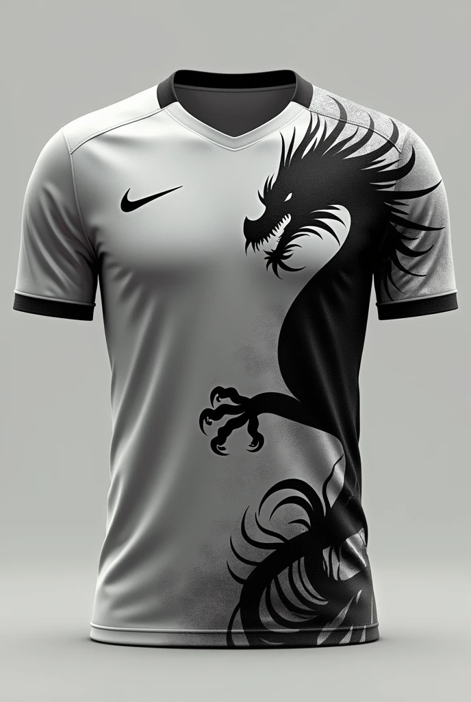 Brazilian soccer uniform without a player in gray and a giant black dragon with black scales on the right shoulder Nike brand