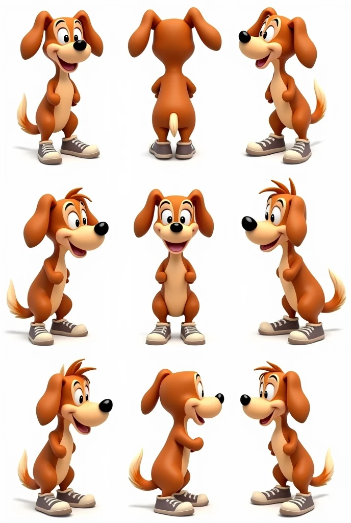 Beautiful anthropomorphic Walt Disney style dog
with two legs in 10 different poses, seen from the back, front, side, wearing sneakers shoes, character sheet, T position, standing, front, side, backboob, Multiple postures and facial expressions, eyes big cartoon ones.