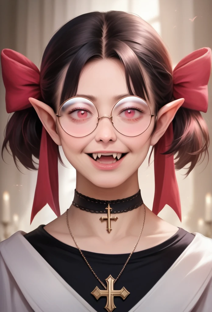 a detailed anime girl with round eyewear, fangs, humanoid pointy ears, red eyes, pink eyes, black hair in short twintails, hair bow, smiling with open mouth, black shirt, choker, cross, hair across eyes, in a dark dungeon setting, full body closeup looking at viewer, (best quality,4k,8k,highres,masterpiece:1.2),ultra-detailed,(realistic,photorealistic,photo-realistic:1.37),intricate details, cinematic lighting, dramatic shadows, vibrant colors, fantasy art