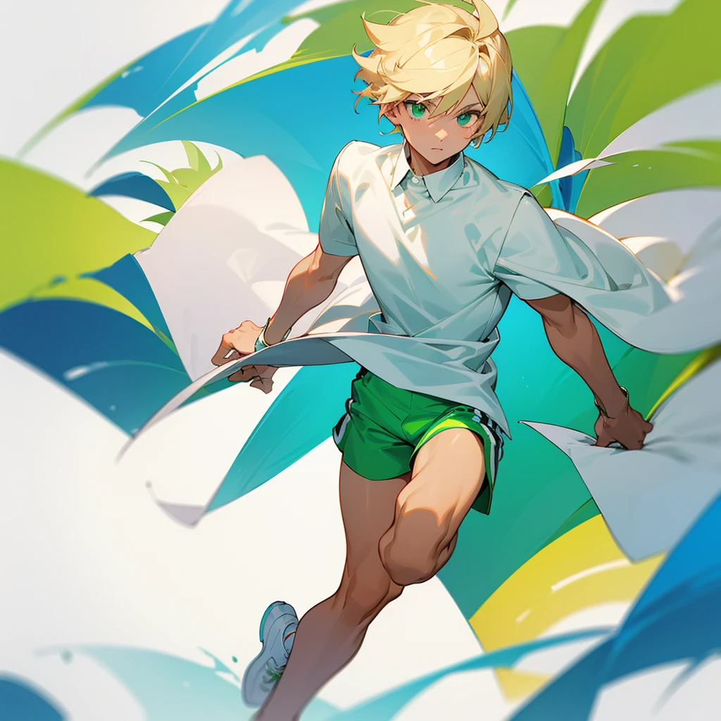 Create a boy who wears green shorts and a white shirt and white shoes with blue, he has tanned white skin and blonde hair