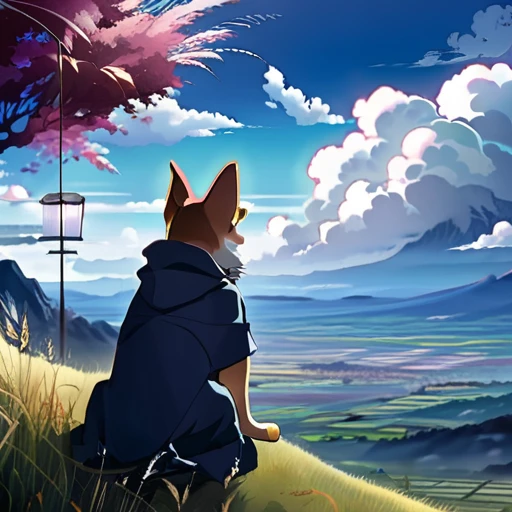 anime landscape of a girl&cute corgidog sitting on a hill with grasses with dark blue clouds, blue cere madder sky lightly big bell with few clouds, anime nature wallpapers, beautiful anime scene, beautiful anime peace scene, Makoto Shinkai Cyril Rolando, beautiful scene of anime, amazing wallpaper, anime art wallpaper 8k, anime background, art anime background, anime 4k wallpaper, anime art 4k wallpaper, anime art 4k wallpaper, prayer of requiem prayer of requiem