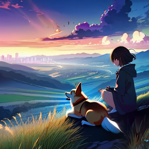 anime landscape of a girl&cute corgidog sitting on a hill with grasses with dark blue clouds, blue cere madder sky lightly big bell with few clouds, anime nature wallpapers, beautiful anime scene, beautiful anime peace scene, Makoto Shinkai Cyril Rolando, beautiful scene of anime, amazing wallpaper, anime art wallpaper 8k, anime background, art anime background, anime 4k wallpaper, anime art 4k wallpaper, anime art 4k wallpaper, prayer of requiem prayer of requiem