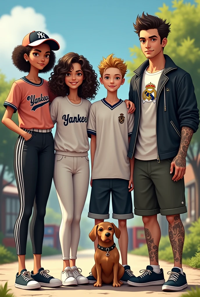 Tall girl Yankees cap curly hair long sport shirt chubby tight pants Adidas shoes, next to a girl with curly hair and white skin, white Real Madrid shirt next to a tall boy with a Luffy shirt, next to a rocker man with a black jacket and tattooed cholo skin, small stature next to brown dog