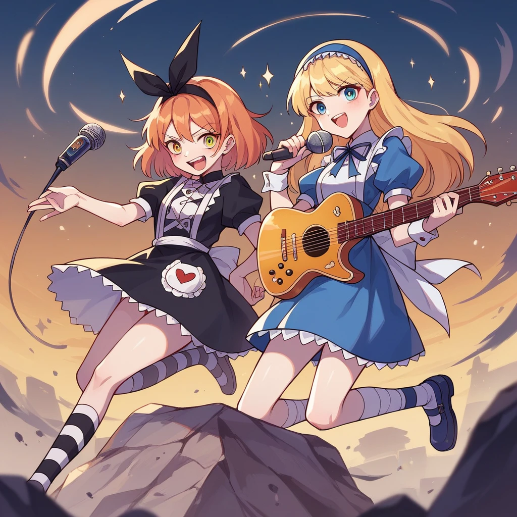 Anime-style illustration with bold brush strokes、Midsummer evening、Crazy and fun feeling、Cinematic lighting、Midnight in Midsummer、hold a rock concert in a cemetery『Alice in Wonderland』Alice and her friends。Alice is holding a microphone and a guitar hanging from her shoulder.。The audience is made up of skeletons。
