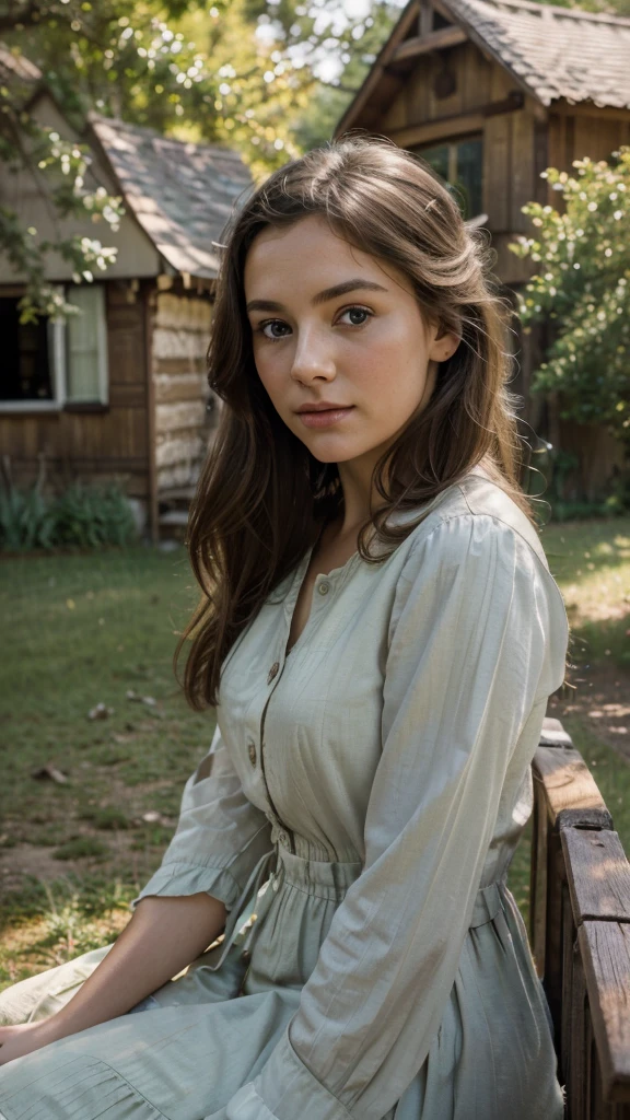 A nostalgic girl in an old countryside scene, (best quality,4k,8k,highres,masterpiece:1.2),ultra-detailed,(realistic,photorealistic,photo-realistic:1.37),beautiful detailed eyes,beautiful detailed lips,extremely detailed eyes and face,longeyelashes,vintage dress, sitting on a wooden bench, surrounded by rolling hills, old-fashioned cottage in the background, warm afternoon light, soft focus, muted color palette, impressionist painting style