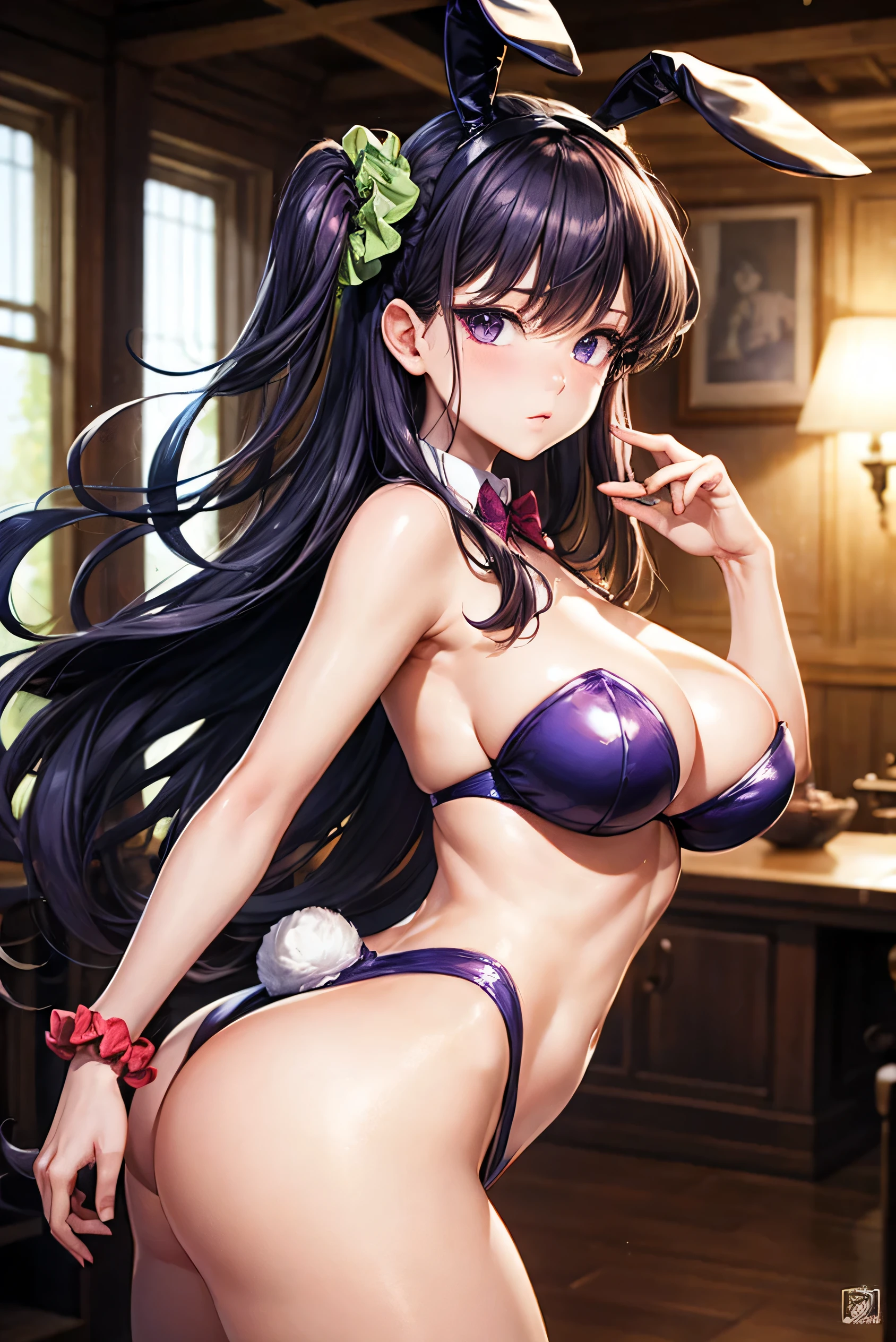 masterpiece, Highest quality, Super detailed, Glowing Skin, Professional Lighting, komi shouko, One side up, Green scrunchie, hair ornaments, purple hair, purple Eyes, Large Breasts, Big Ass,Firm stomach, Playboy Bunny