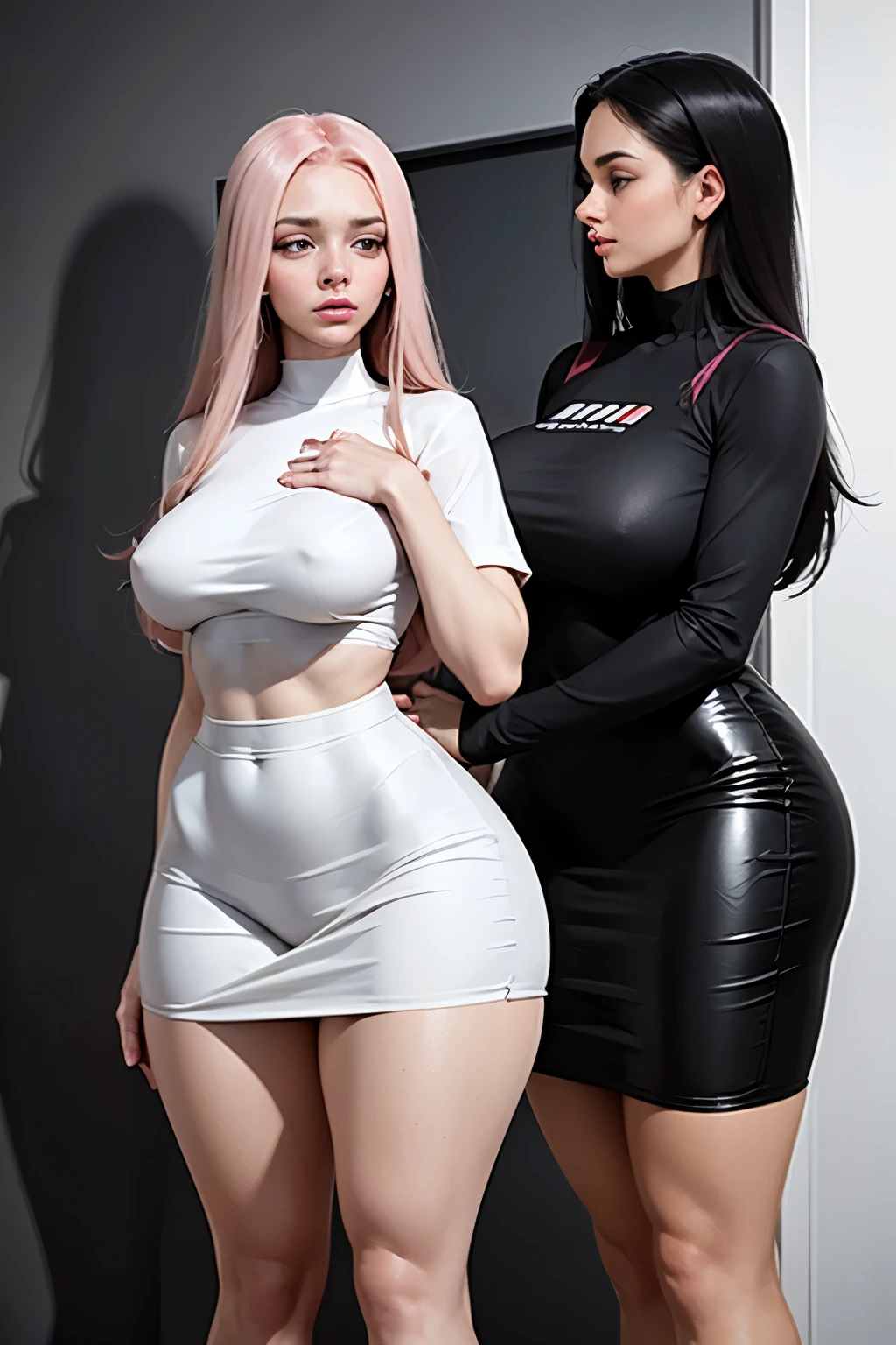 two women in white skirts and black tops posing for a photo, alena aenami and lilia alvarado, half pink, modeling for sweets and gabanna, white and black clothing, godesses, by Daniel Lieske, profile image, slim waist and thick hips, wearing white clothes, wearing simple, close-fitting clothes, fully body, full height
