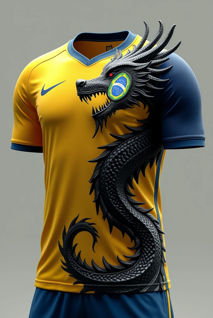 Brazilian soccer uniform without a player in gray and a giant black dragon with black scales on the right shoulder Nike brand