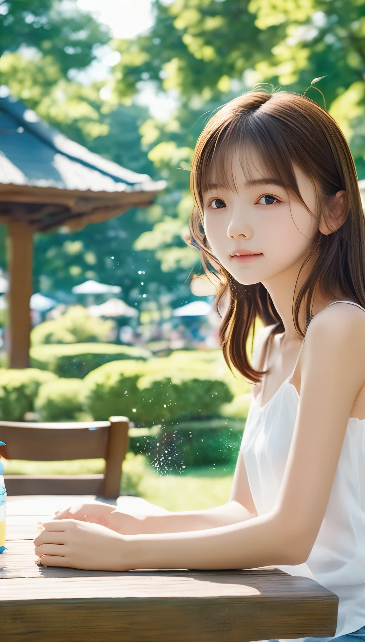 Highest quality、masterpiece、Table Top、RAW Photos、Film Grain、High resolution、Very detailed、BREAK、One Woman、、Cute Face、Brown Hair、Straight Hair、Semi-long hair、White camisole、Light blueＴshirt、Smaller breasts、BREAK、Outdoor、Summer Park、squirt