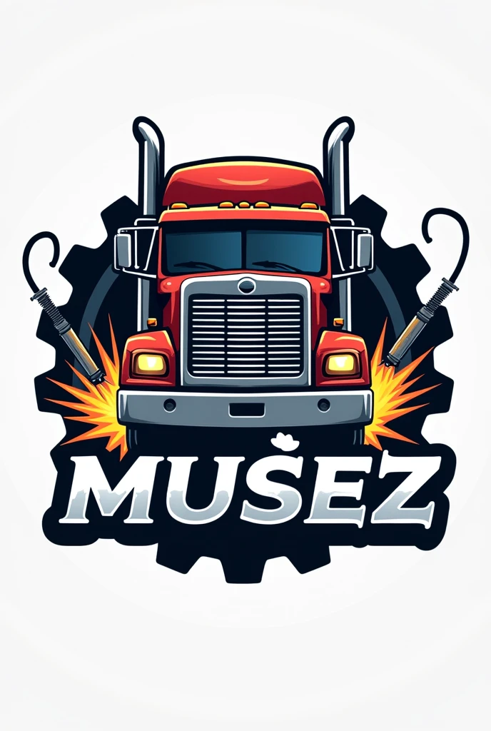 A logo for a body manufacturing company featuring a truck with a van in the middle, with gears outside and the word MUÑEZ below it with welding machines on the sides