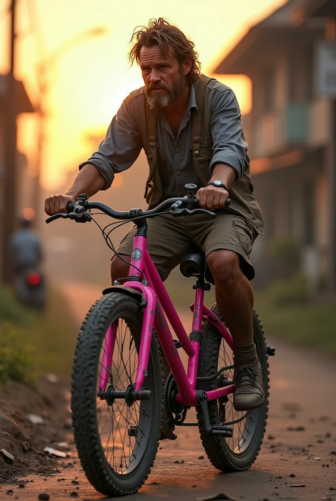 Have dinner with a muddy man on a pink bicycle