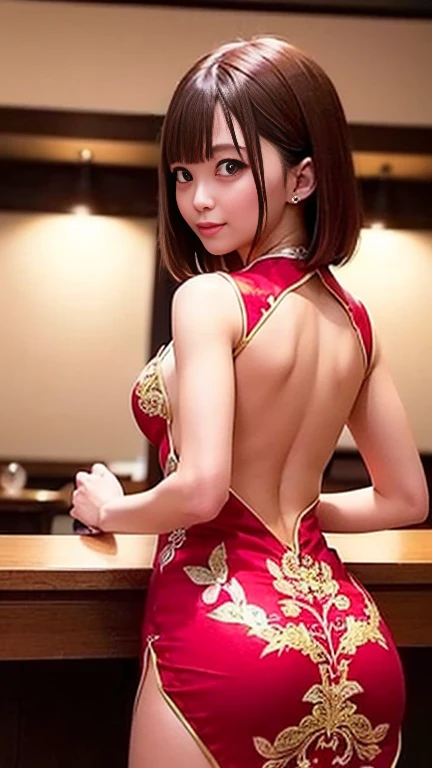 Inside the bar lounge、((No sleeve、Gorgeous embroidery、red、Micro Chinese Dress Uniform、Micro Cheongsam Costume、Micro Chinese Dress Cosplay、Micro Chinese Dress Costume、Micro Chinese Dress Costume、With slits:1.3、(White string panties)、Cleavage))、1 girl、Medium breast、Short Bob Hair、masterpiece:1.3、Raw photo、Highest quality、Highest quality、Detailed image quality、Detailed Background、Standing in front of the bar counter、((From behind、Back view、look back))、