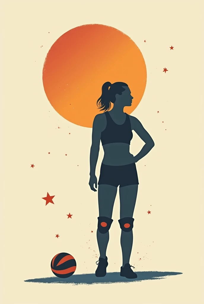 a coat of arms named "PLANETA VÔLEI" centered in the image  
- minimalist
- modern
- shadow of a volleyball player with knee brace (woman)
- a small star 
- a simple contemporary planet background art
- does not use many colors
