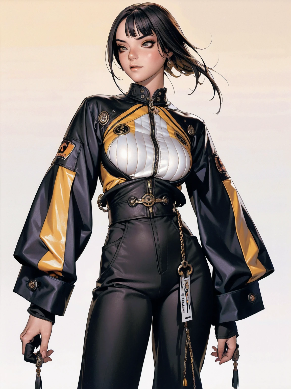 (best qualityer))), (((manga strokes))), (((black bob hair with straight bangs and yellow highlights))), (((wide pants with 2 side stripes))), uma Kizi jovem muito bem vestida com roupas modernas de inverno, top gift vertical stripes, short jacket with dark fur collar, beautiful and expressive face, slightly-smile, big eyes with long black eyelashes, heavy make-up, chains and zippers spread across clothes, contrasting colours, pose de atitude, hair with a modern and futuristic cut, urban game poster art, dramatic camera angles, graffiti art elements in the background, design mixing contemporary and retro by Shepard Fairey, (((cowboy shot))), (((best qualityer: 1.4))), (Unbeatable masterpiece), (hiper HD),(CG 8k hyper-realistic), Kizi, (((standing alone))), pirralha violent, (((14歳))), sexly, pose de atitude, work of art, post-apocalypse, (((manga style))), bounty hunter, violent, Manic, the way you want, slenderbody, thin but strong, perfectbody, roupa moderna, advanced technology, neon, sleeves with vertical striped pattern, neutral background, (( cowboy shot )). intricate visual