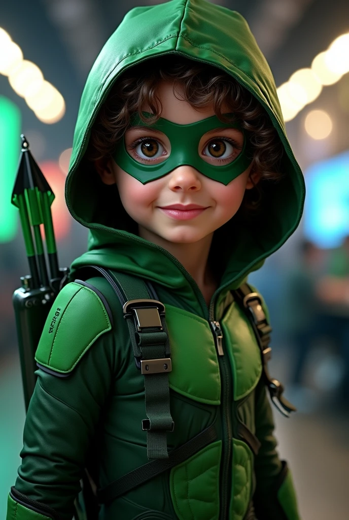 Brunette child with dark brown curly hair, Gamer, with the Green Arrow outfit