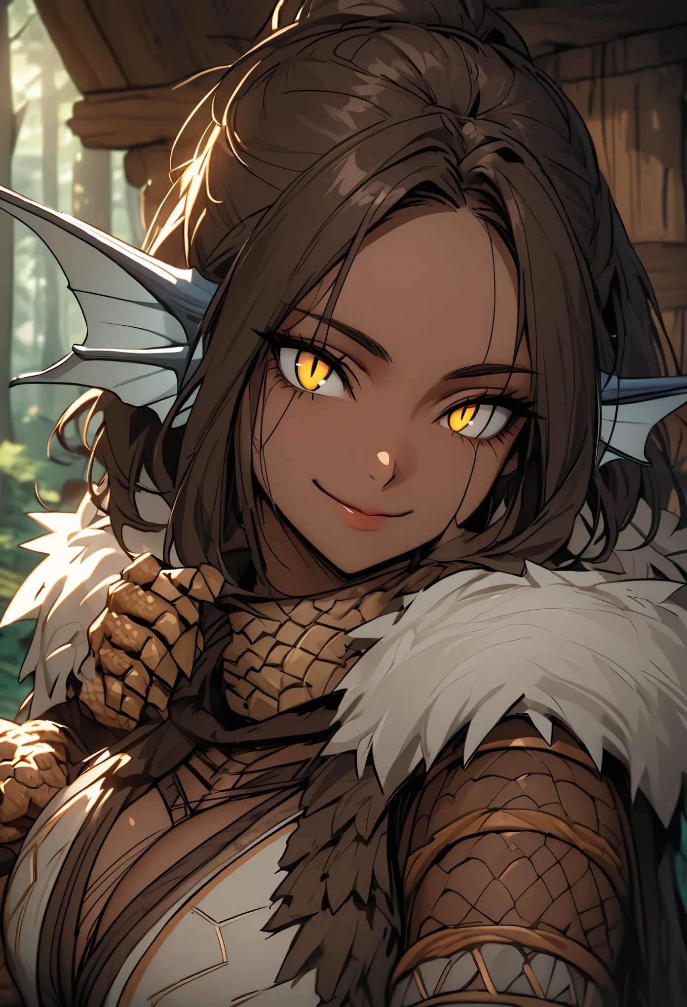 solo, female, tall, fit, broad shoulders, fit, light skin, long brown ponytail, scars, yellow eyes, slit pupils, head fins, broad shoulders, scales on forearms, scale hands:1.3, forest, wood cabin, day, smile, close up, crocodilian tail, fur collar cape, close up, adventurer, tribal warrior, large breasts:0.3