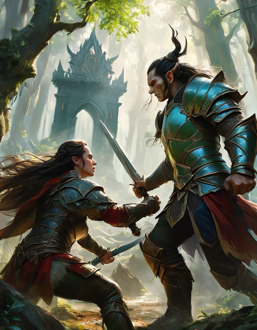 An [elven warrior] fights an [orc] outside the gates of an eleven fortress in a dense forest