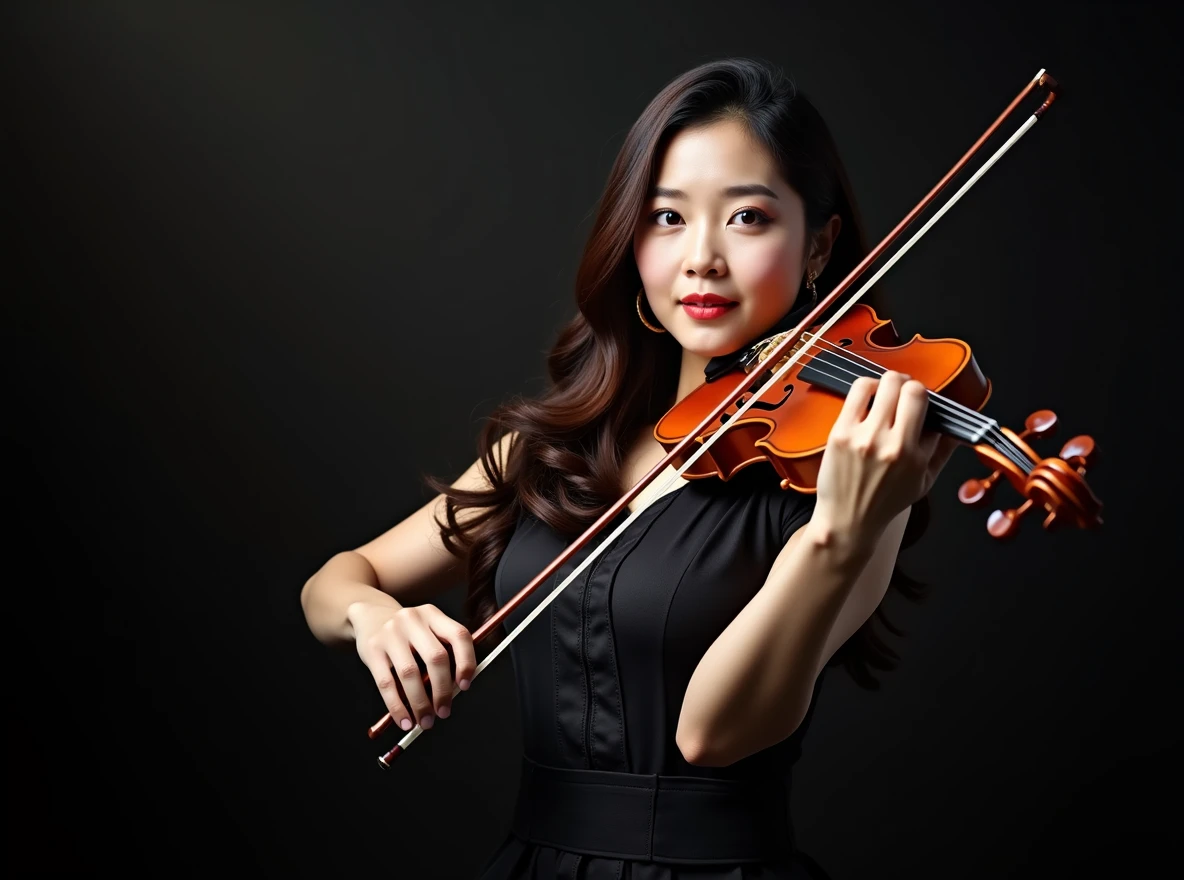 (high resolution, high detail, best quality), photograph, cinematic lighting, highly detailed beautiful face and eyes, delicate facial features, stunning Japanese woman playing the violin at a concert venue, Crimson sleeveless dress, curvy, Wavy Hair, perfect make-up, soft smile
