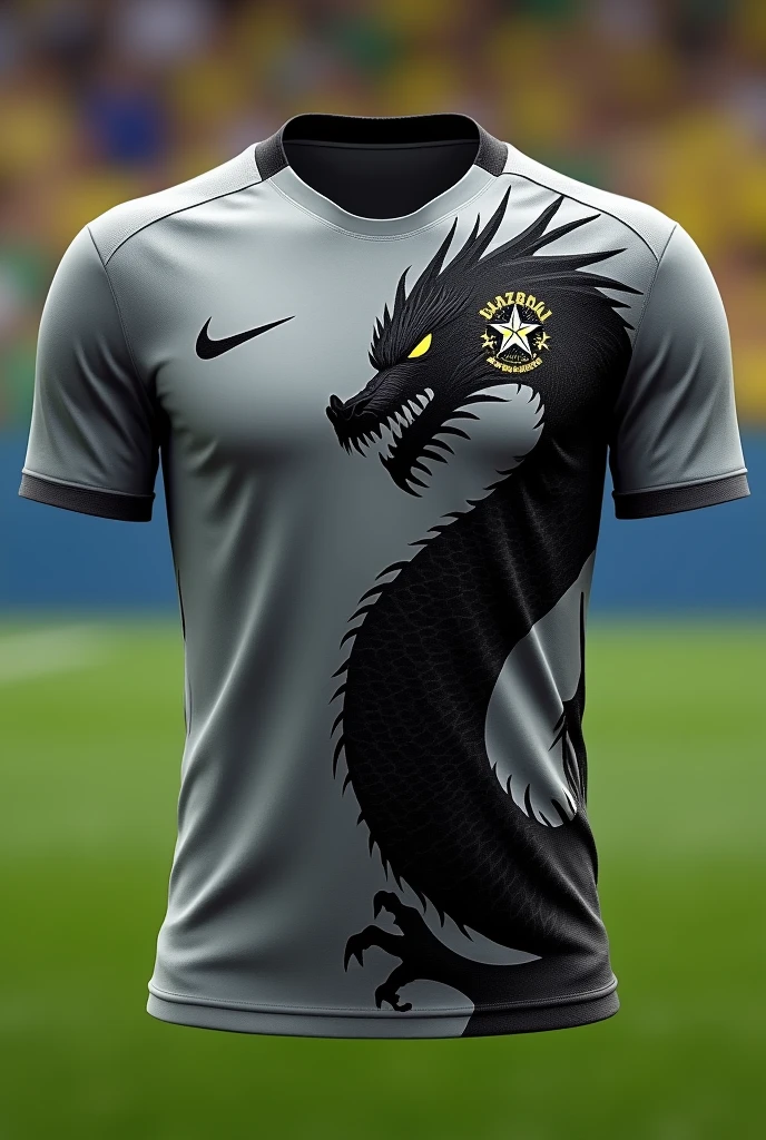 Brazilian soccer uniform without a player in gray and a giant black dragon with black scales on the right shoulder Nike brand