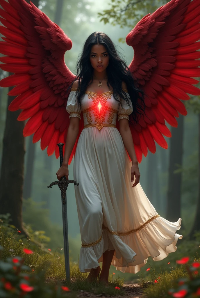 Woman about 18 years old, dark-skinned with long black hair, Red eyes and big red angel wings. Dressed in a white dress with gold trim and a sword in her hand. She is walking in the woods lost and a little worried. A faint red light comes out of his chest.