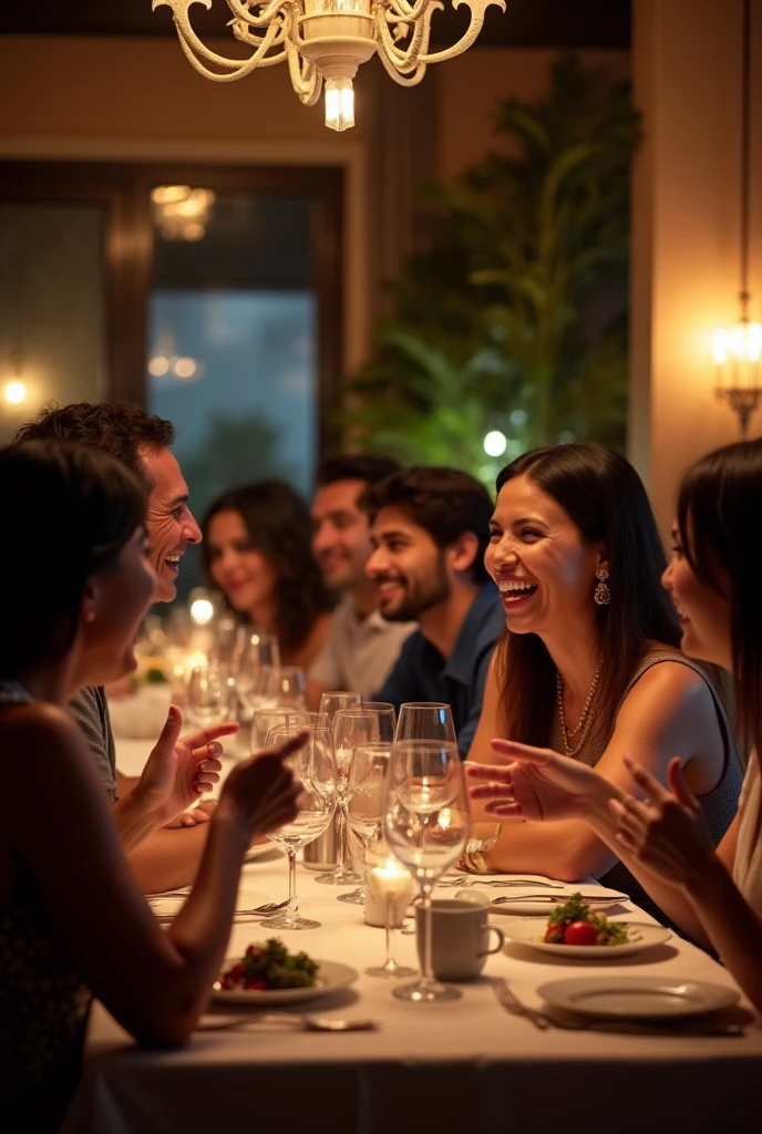 A wide photo of a group of 7 Latino friends, all about 50 years old, enjoying dinner at a fancy restaurant. They are laughing and chatting animatedly., with black hair and a few . The scene captures a spontaneous moment, where friends are immersed in conversation, with natural gestures and relaxed expressions. The restaurant&#39;s lighting is warm and welcoming., creating a pleasant atmosphere.