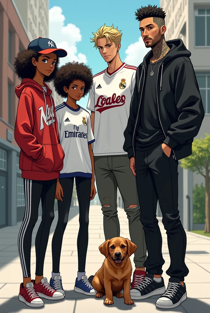 Tall girl Yankees cap curly hair long sport shirt chubby tight pants Adidas shoes, next to girl curly hair rolled white skin white shirt of real Madrid winged tall boy luffy shirt winged man black shirt with black jacket tattooed skin cholo, small stature next to brown dog