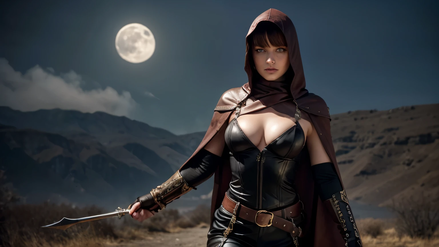 High quality, 8k, 19 years old girl, extreme beauty, very pretty, she is a medieval fantasy magician, green eyes, muscular thighs, fit, heavy makeup, freckles on her face, her hair is red like fire, she has bangs and a very long braid decorated with gold settings that falls on her huge chest, she wears a white strapless blouse, black leather bustier with metal buckles that enhance her big tits, silver metal wristbands, wide belt with large buckle, worn and tight brown leather pants, high black leather riding boots with metal inlays, very long red cape with hood, old and torn cape fluttering in the wind, hood up, the girl advances towards the viewer, frontal shot, evil smile. The scene takes place after a battle with smoke and fire, moonlight illuminates the scene