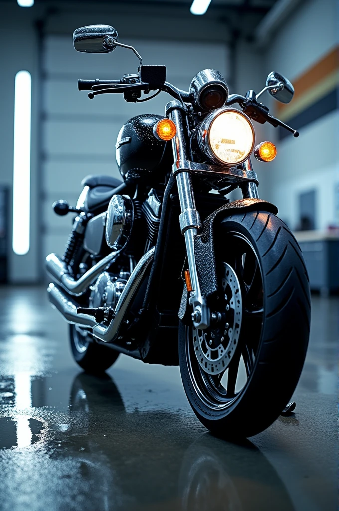 Create an advertising design for a motorcycle wash and add a brief description of the service 