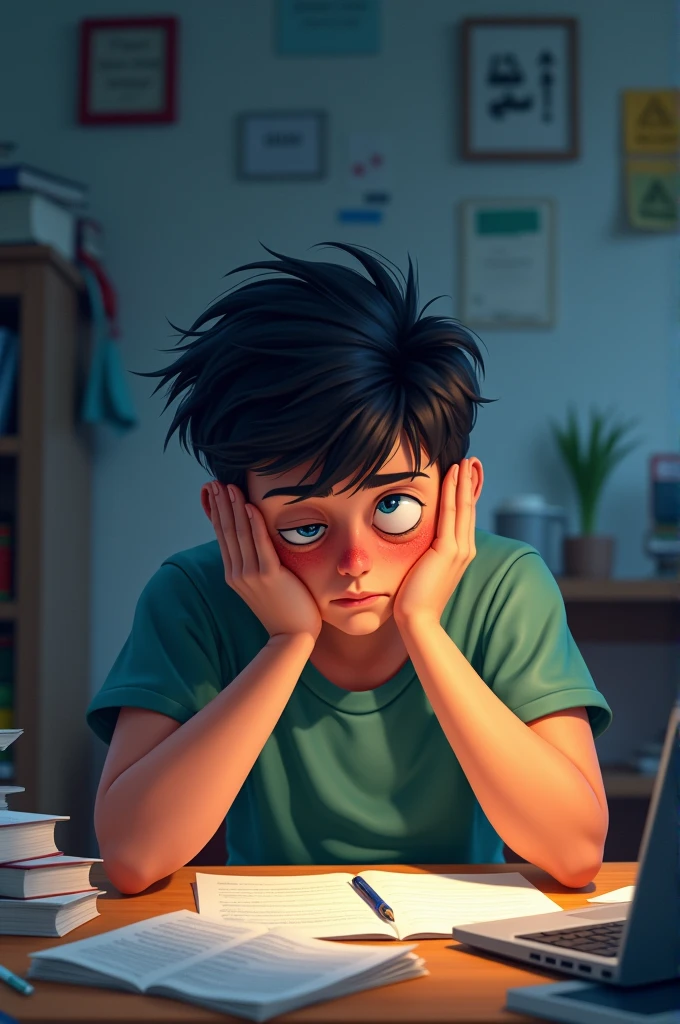 
 un étudiant assis à son bureau, la tête dans les mains, l'air stressé et épuisé. Des livres, des feuilles et un ordinateur portable seraient éparpillés autour de lui, indiquant qu'il travaille intensément sur son projet de fin d'études. Son expression faciale refléterait son inquiétude et sa concentration intense face à l'échéance imminente. Peut-être même aurait-il des cernes sous les yeux, signe du manque de sommeil causé par la charge de travail. L'ensemble donnerait une impression de stress et de préoccupation chez cet étudiant confronté à la pression de finaliser son TFC.