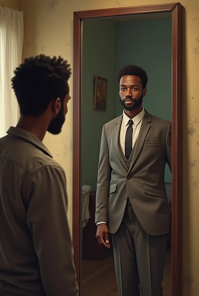 Realistic young African dad looking at himself in full body mirror: first picture with shabby clothes and the other part in the mirror he is well dressed