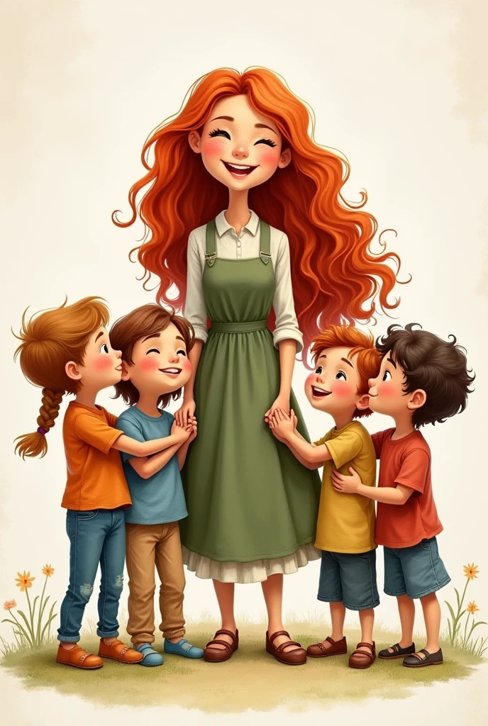 Drawing of a group of children and their red-haired teacher, long and wavy giving thanks