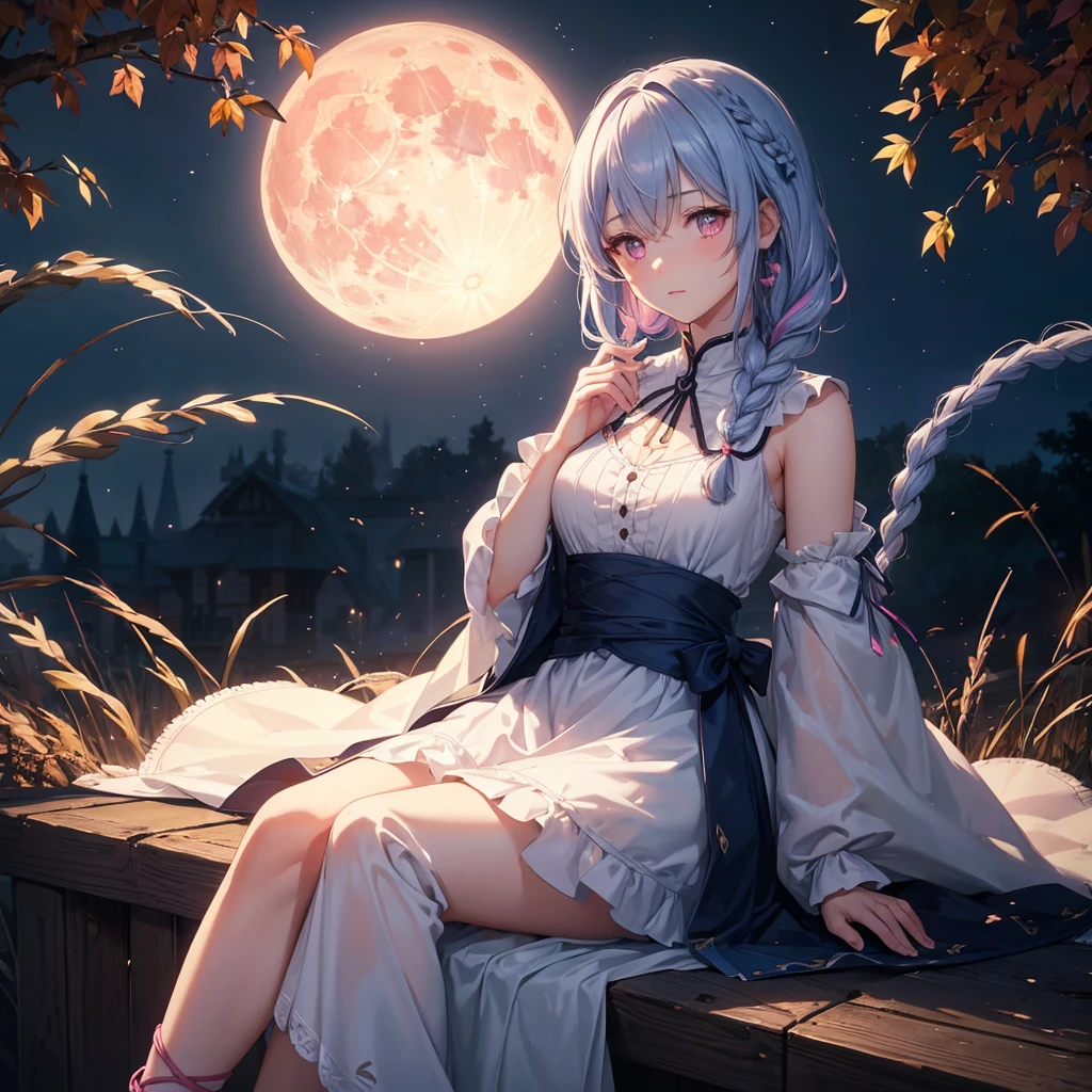 (Braiding),(Sky blue medium hair), (Pink eyes),(Fair skin) ,(whole body),(One Girl),(harvest moon),(A large amount of Miscanthus sinensis in the background),autumn,(full moon),(masterpiece, Highest quality, Very detailed, Best Shadow), (Detailed Background), (Beautifully detailed face), High Contrast, (Best lighting, Very delicate and beautiful), ((Cinematic Light)), Hyper Detail,8k, Dramatic Light, Intricate details