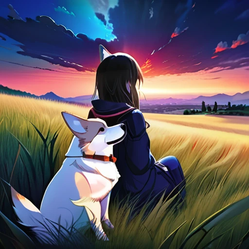 anime landscape of a girl＆cute corgidog sitting on a hill with grasses with dark blue clouds, blue cere madder sky  lightly big bell   with few clouds, anime nature wallpapers, beautiful anime scene, beautiful anime peace scene, Makoto Shinkai Cyril Rolando, beautiful scene of anime, amazing wallpaper, anime art wallpaper 8k, anime background, art anime background, anime 4k wallpaper, anime art 4k wallpaper, anime art 4k wallpaper,  prayer of requiem  prayer of requiem