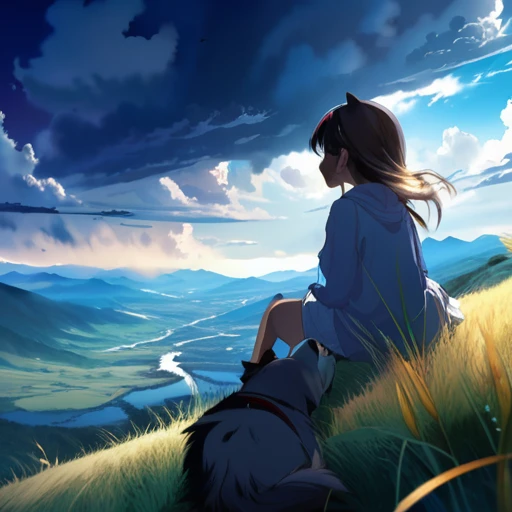 anime landscape of a girl＆cute corgidog sitting on a hill with grasses with dark blue clouds, blue cere madder sky  lightly big bell   with few clouds, anime nature wallpapers, beautiful anime scene, beautiful anime peace scene, Makoto Shinkai Cyril Rolando, beautiful scene of anime, amazing wallpaper, anime art wallpaper 8k, anime background, art anime background, anime 4k wallpaper, anime art 4k wallpaper, anime art 4k wallpaper,  prayer of requiem  prayer of requiem