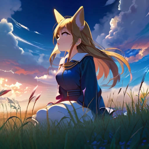 anime landscape of a girl＆cute corgidog sitting on a hill with grasses with dark blue clouds, blue cere madder sky  lightly big bell   with few clouds, anime nature wallpapers, beautiful anime scene, beautiful anime peace scene, Makoto Shinkai Cyril Rolando, beautiful scene of anime, amazing wallpaper, anime art wallpaper 8k, anime background, art anime background, anime 4k wallpaper, anime art 4k wallpaper, anime art 4k wallpaper,  prayer of requiem  prayer of requiem