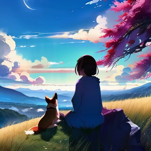 anime landscape of a girl&cute corgidog sitting on a hill with grasses with dark blue clouds, blue cere madder sky lightly big bell with few clouds, anime nature wallpapers, beautiful anime scene, beautiful anime peace scene, Makoto Shinkai Cyril Rolando, beautiful scene of anime, amazing wallpaper, anime art wallpaper 8k, anime background, art anime background, anime 4k wallpaper, anime art 4k wallpaper, anime art 4k wallpaper, prayer of requiem prayer of requiem