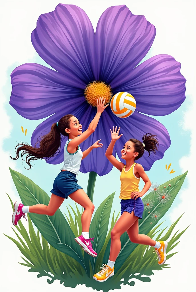 Violet flower logo, girls playing volleyball
