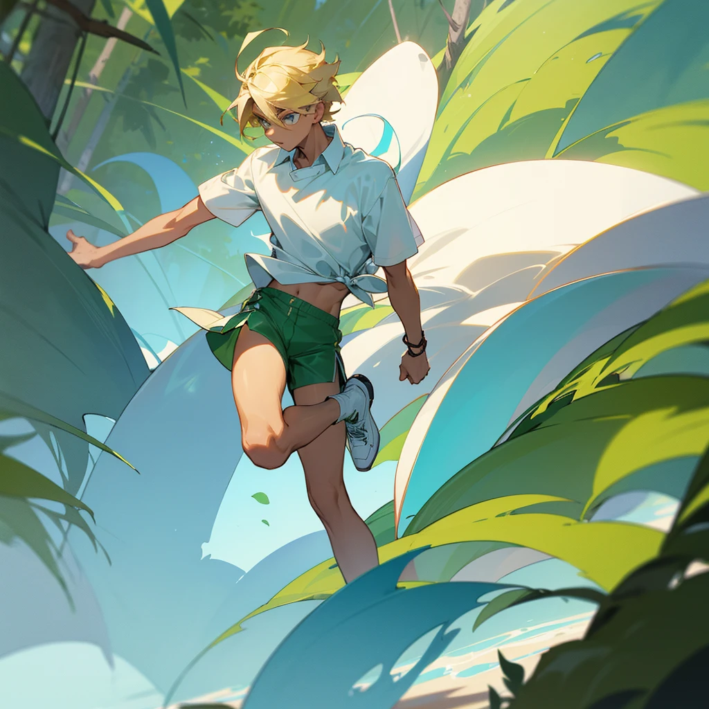 Create a boy who wears green shorts and a white shirt and white shoes with blue, He has tanned white skin and blond hair and in the background there is a village and a forest 