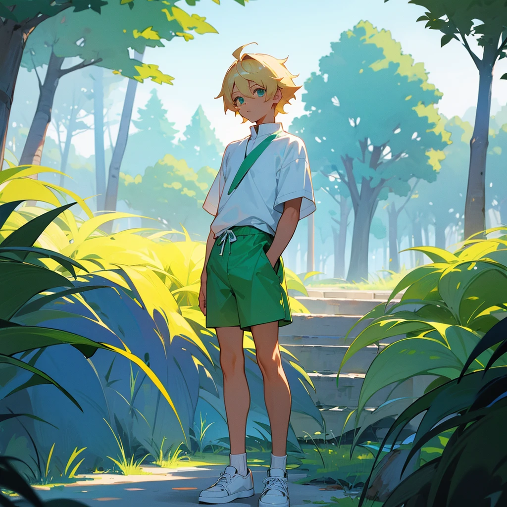 Create a boy who wears green shorts and a white shirt and white shoes with blue, He has tanned white skin and blond hair and in the background there is a village and a forest