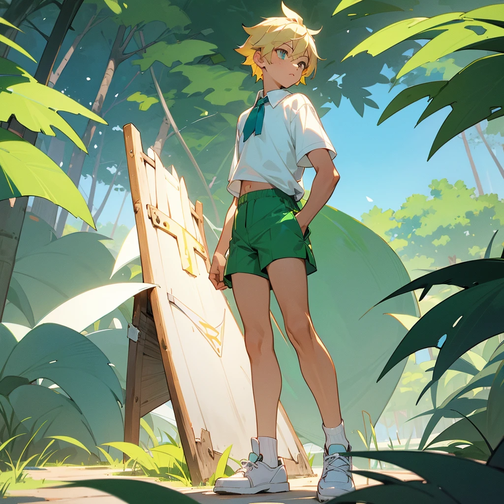 Create a boy who wears green shorts and a white shirt and white shoes with blue, He has tanned white skin and blond hair and in the background there is a village and a forest 