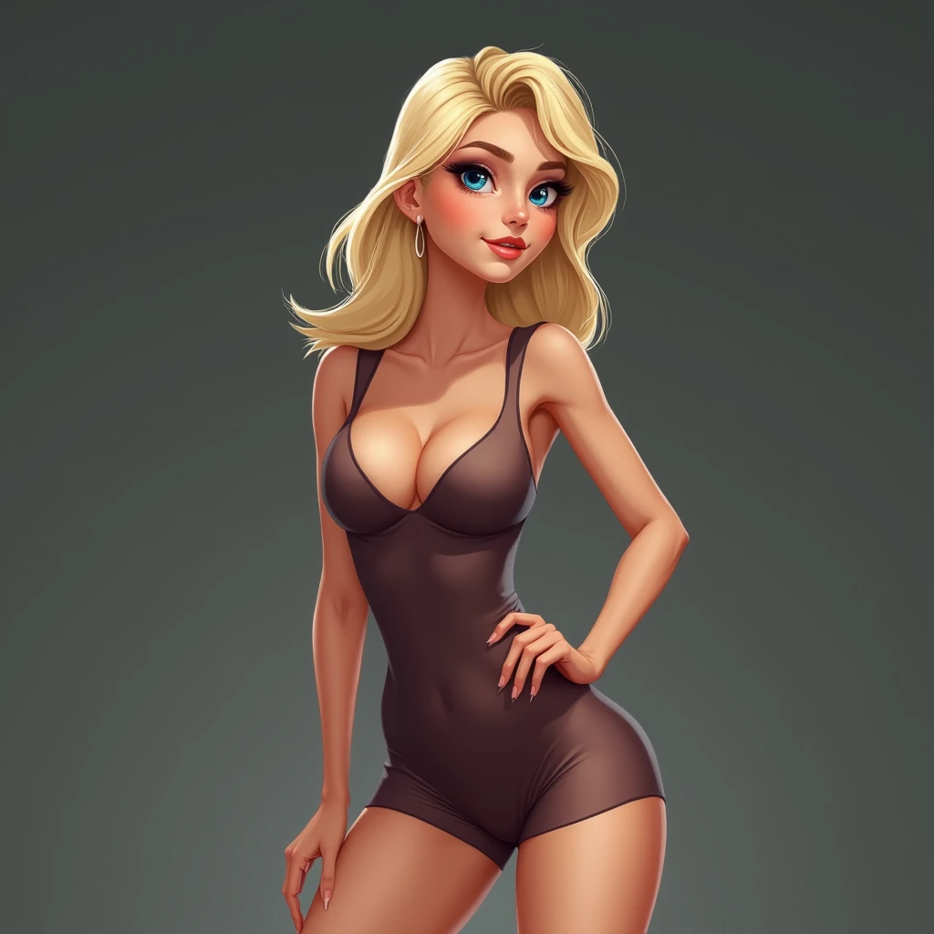 25 year old woman with blonde hair and shoulder length, blue colored eyes, full mouth, medium breasts, small waist, muslos grandes, wearing dress, short tight 